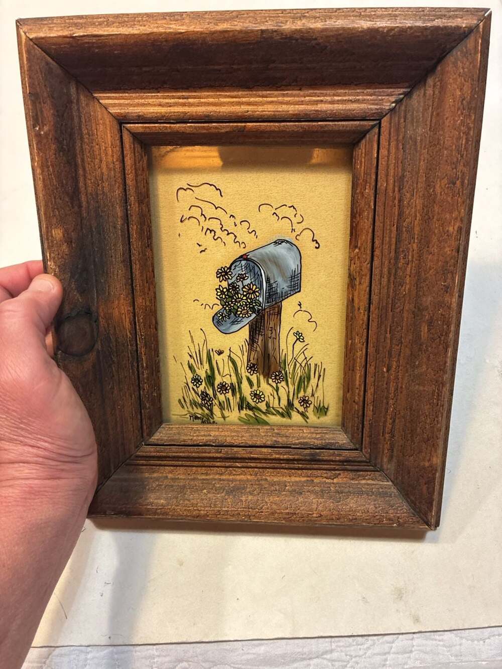 Vintage Signed Folk Art Mailbox Daisy Flowers Framed Painting